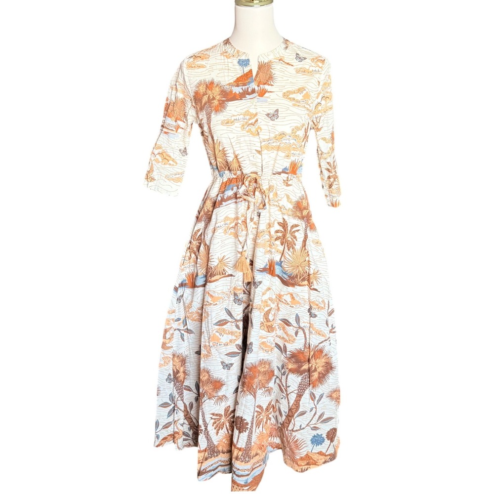 Spartina 449 Women XS Tropical Toile Midi Kennedy Shirtdress Drawstring Waist